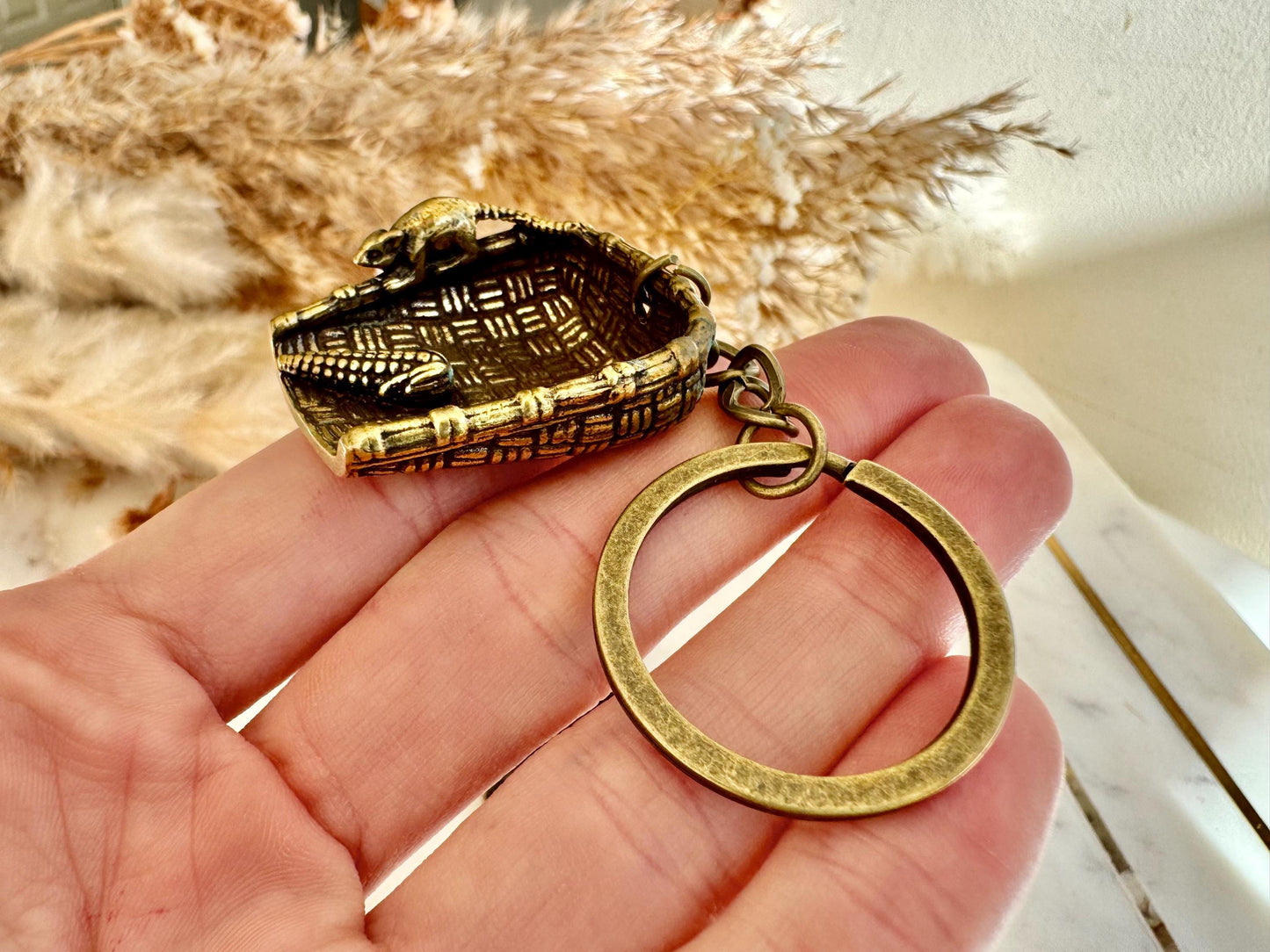 Fine Hungry Mouse, Solid Brass Basket with Rat and Corn Figurine, Cast Brass Animal Ornament, Unique Brass Keychain Accessory