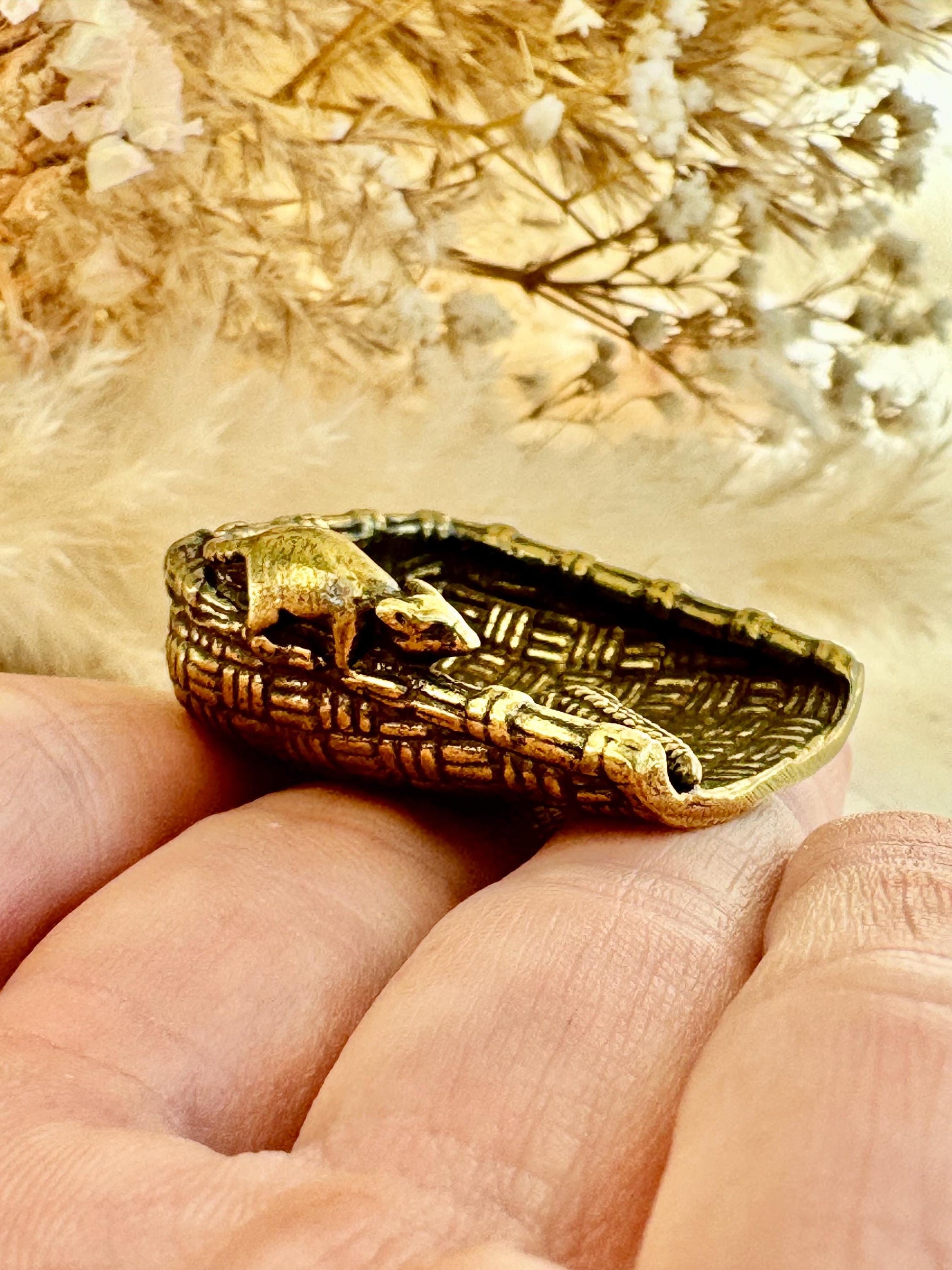 Fine Hungry Mouse, Solid Brass Basket with Rat and Corn Figurine, Cast Brass Animal Ornament, Unique Brass Keychain Accessory