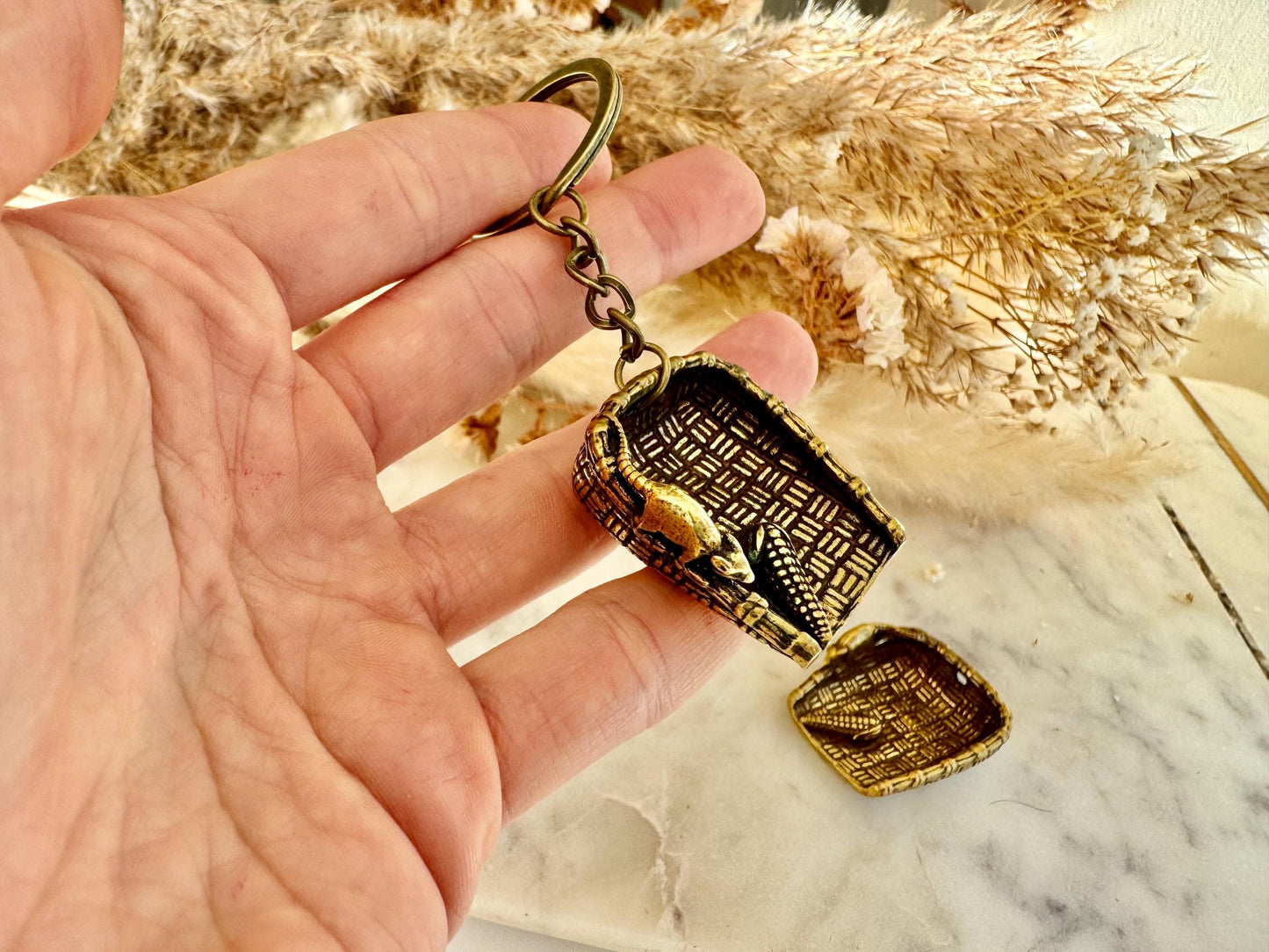 Fine Hungry Mouse, Solid Brass Basket with Rat and Corn Figurine, Cast Brass Animal Ornament, Unique Brass Keychain Accessory