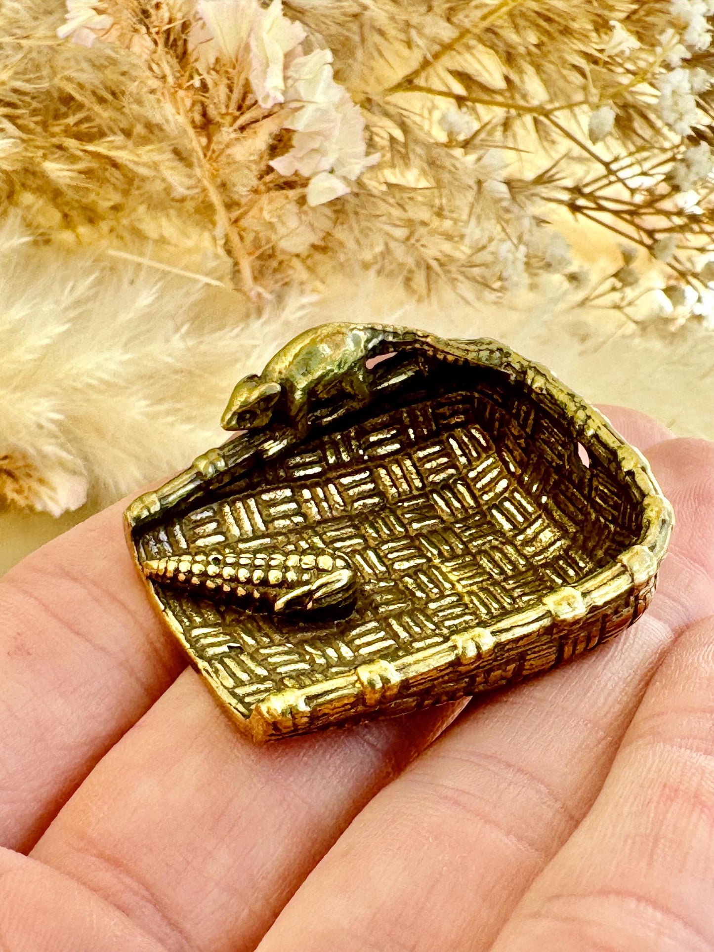 Fine Hungry Mouse, Solid Brass Basket with Rat and Corn Figurine, Cast Brass Animal Ornament, Unique Brass Keychain Accessory