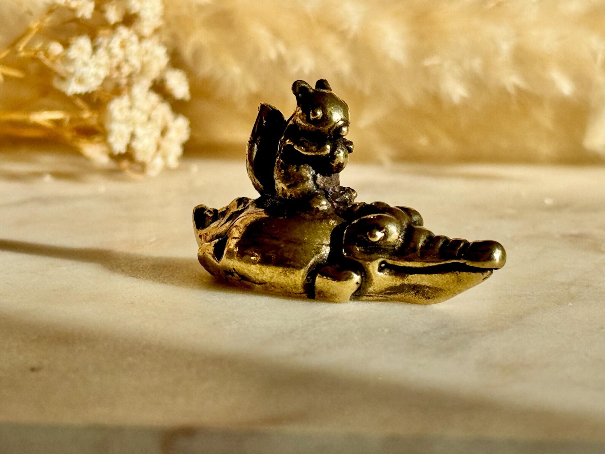 Charming Solid Brass Squirrel and Crocodile Figurine, Cute and Funny Animal Ornament, Whimsical Cast Brass Decor, Unique Gift for Animal Lov