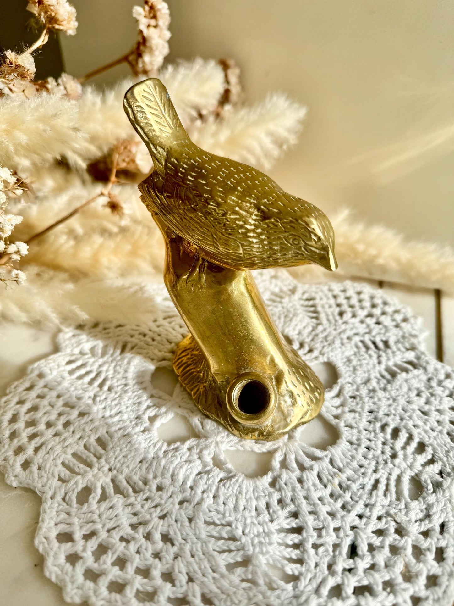 Vintage Solid Brass Bird on a Branch with Nest Figurine, Golden Desktop Decoration, Vintage Bird Candleholder Sculpture, Naturalistic decor