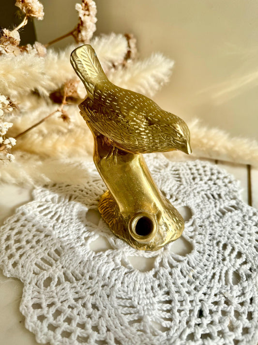 Vintage Solid Brass Bird on a Branch with Nest Figurine, Golden Desktop Decoration, Vintage Bird Candleholder Sculpture, Naturalistic decor