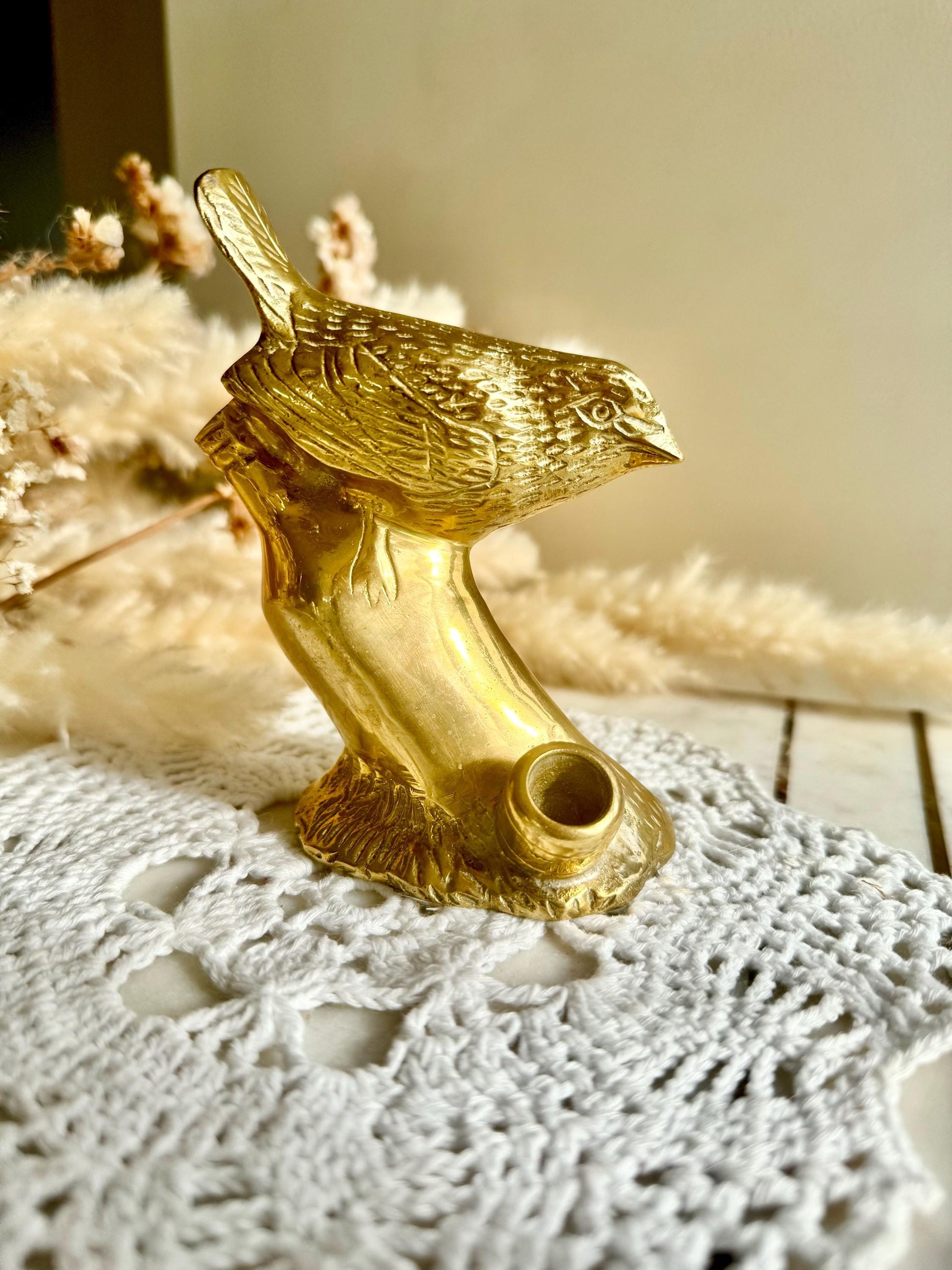 Vintage Solid Brass Bird on a Branch with Nest Figurine, Golden Desktop Decoration, Vintage Bird Candleholder Sculpture, Naturalistic decor
