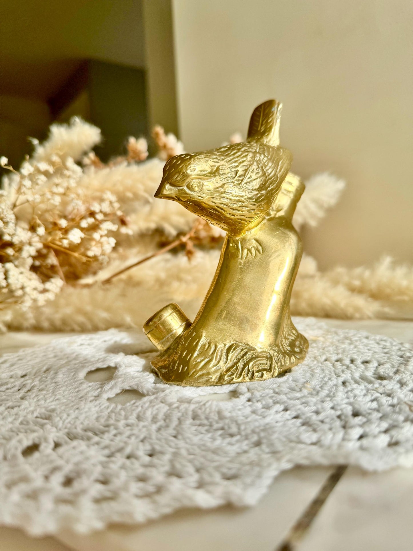 Vintage Solid Brass Bird on a Branch with Nest Figurine, Golden Desktop Decoration, Vintage Bird Candleholder Sculpture, Naturalistic decor
