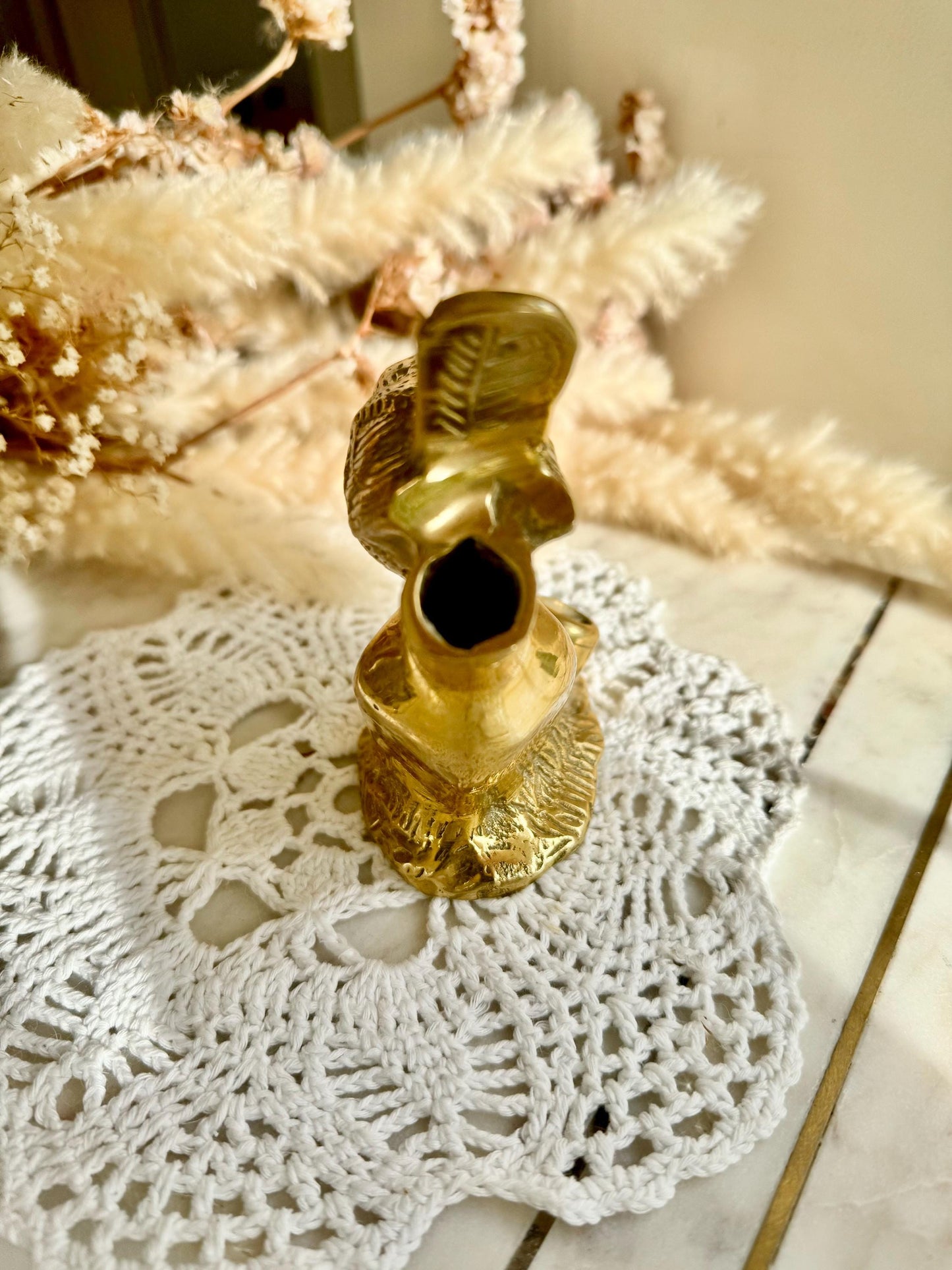 Vintage Solid Brass Bird on a Branch with Nest Figurine, Golden Desktop Decoration, Vintage Bird Candleholder Sculpture, Naturalistic decor