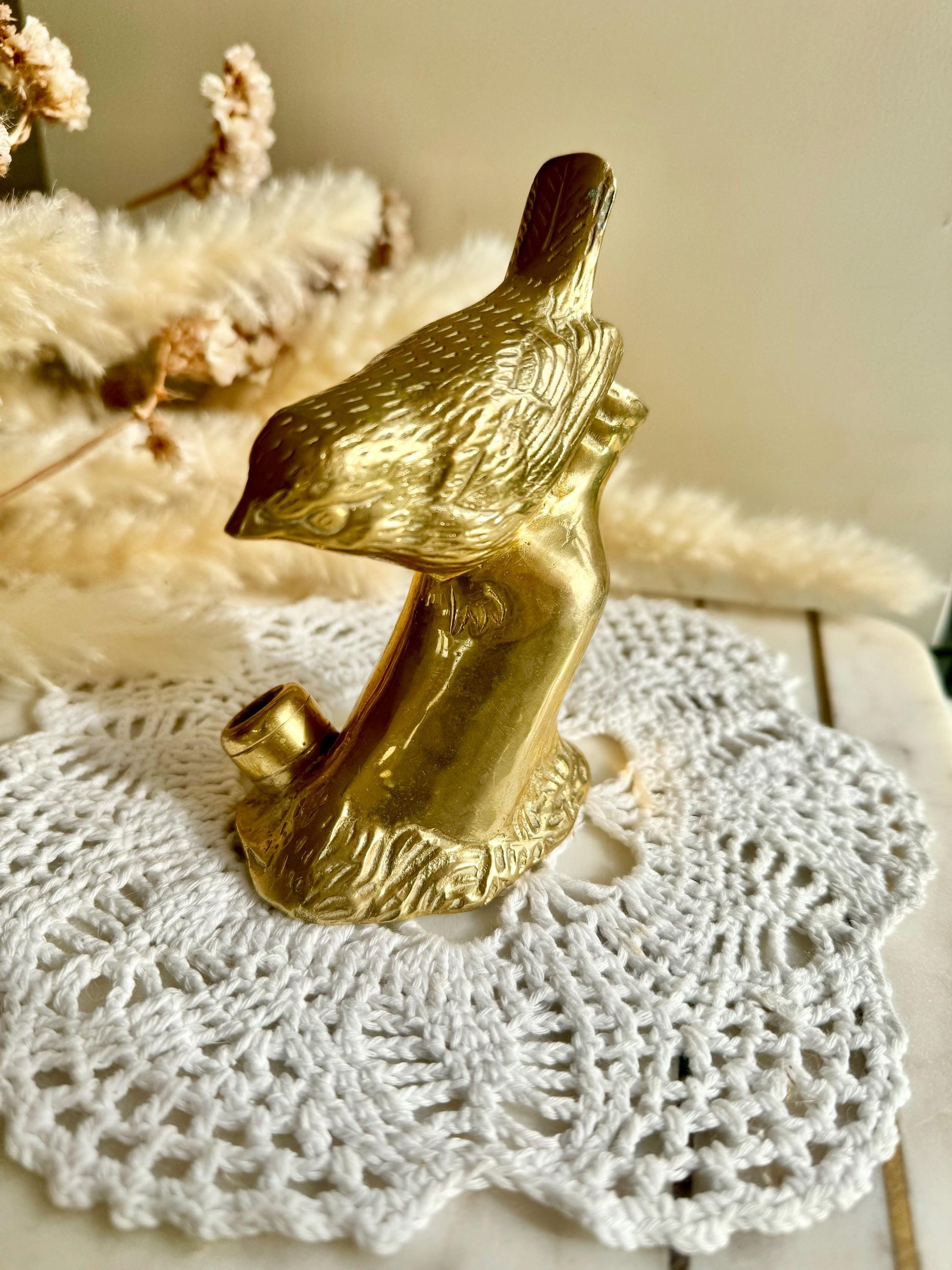 Vintage Solid Brass Bird on a Branch with Nest Figurine, Golden Desktop Decoration, Vintage Bird Candleholder Sculpture, Naturalistic decor
