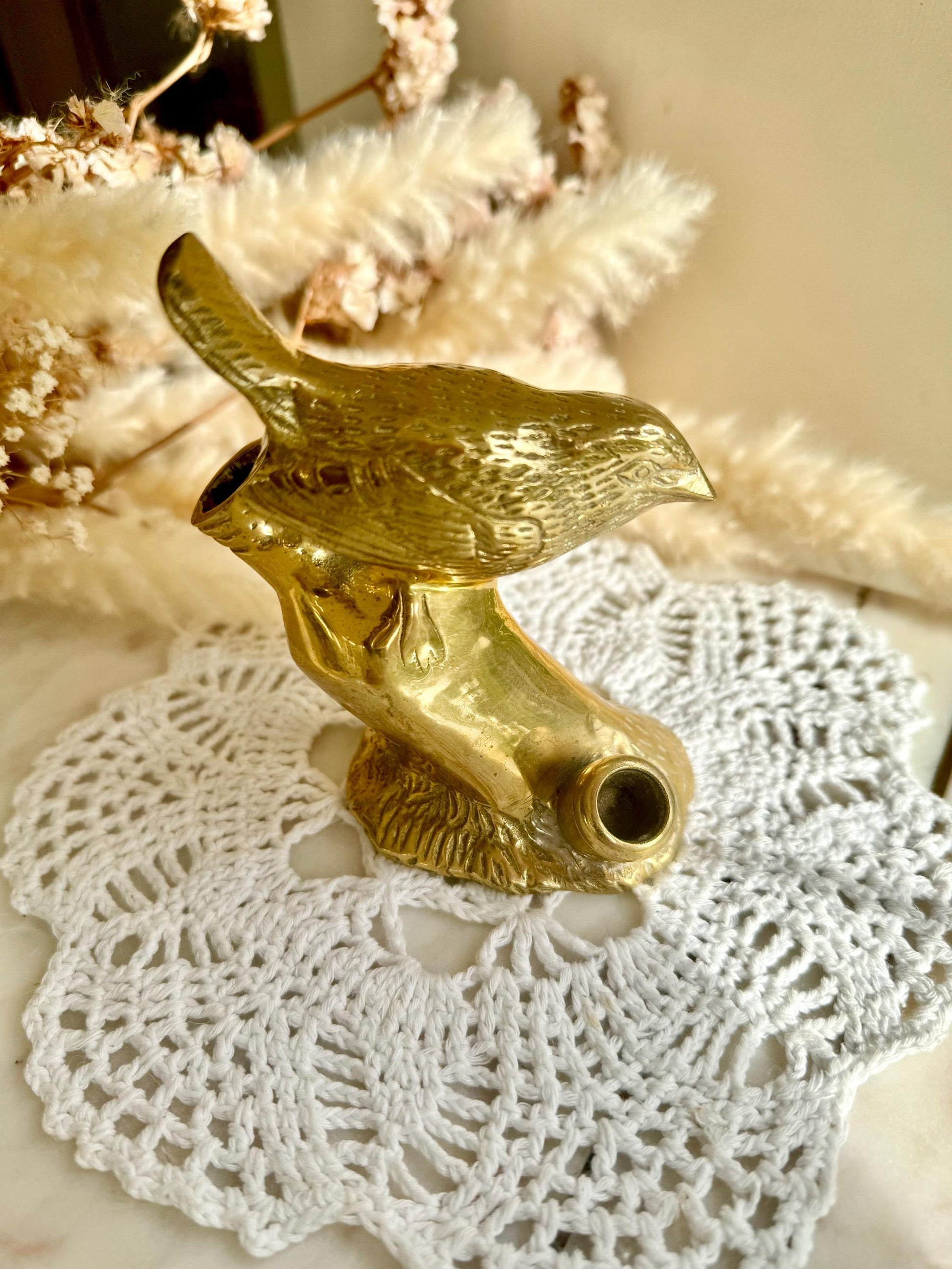 Vintage Solid Brass Bird on a Branch with Nest Figurine, Golden Desktop Decoration, Vintage Bird Candleholder Sculpture, Naturalistic decor