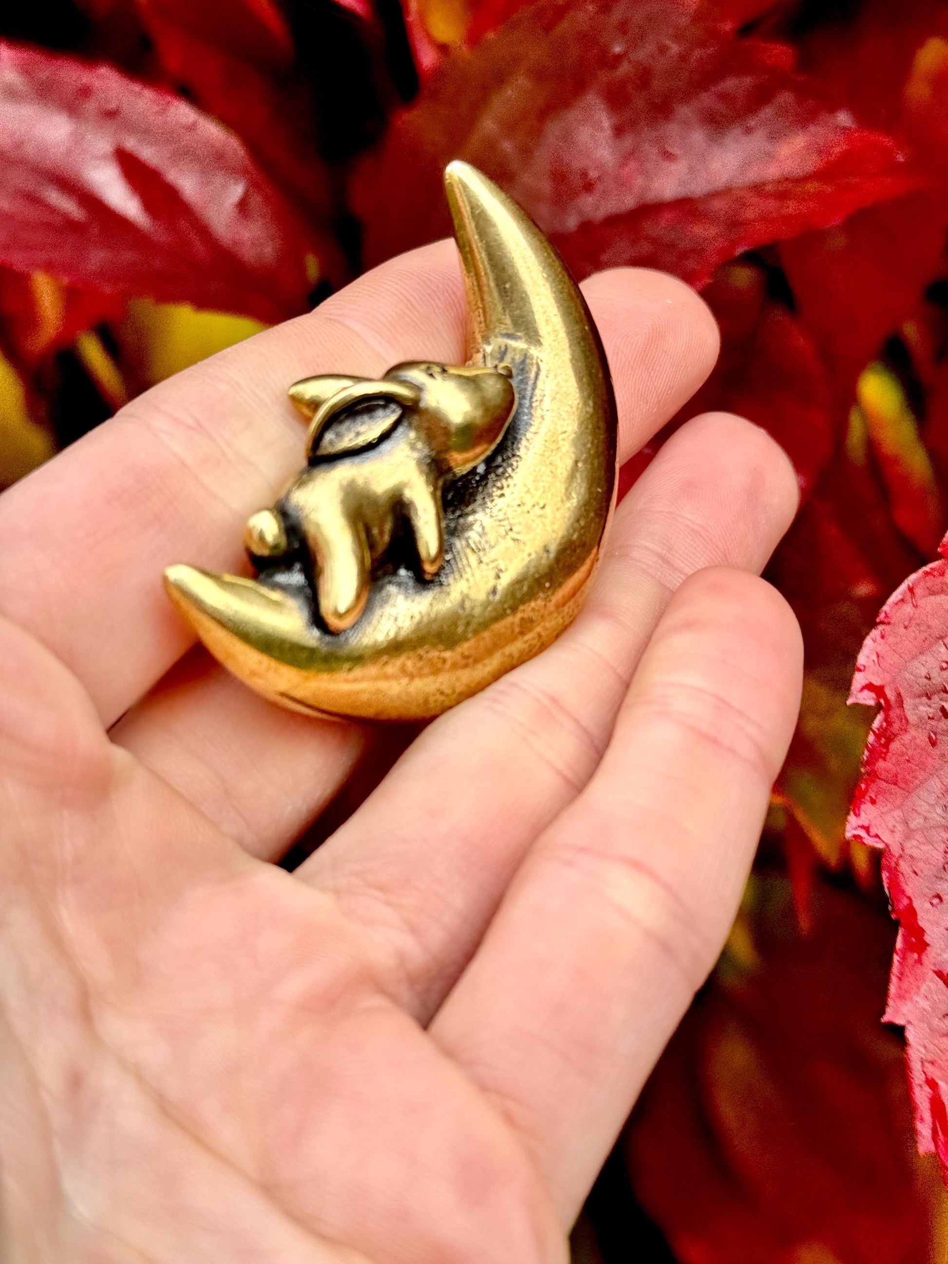 Dreamy Sleeping Bunny On A Moon Unique Decor Moonlight Hare Figurine, Solid Brass Ornament,