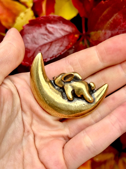 Dreamy Sleeping Bunny On A Moon Unique Decor Moonlight Hare Figurine, Solid Brass Ornament,