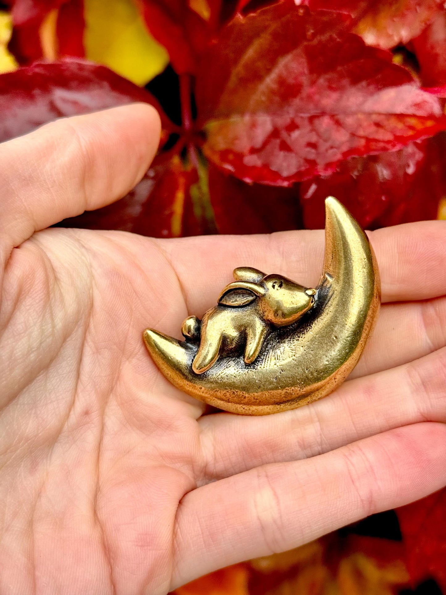 Dreamy Sleeping Bunny On A Moon Unique Decor Moonlight Hare Figurine, Solid Brass Ornament,