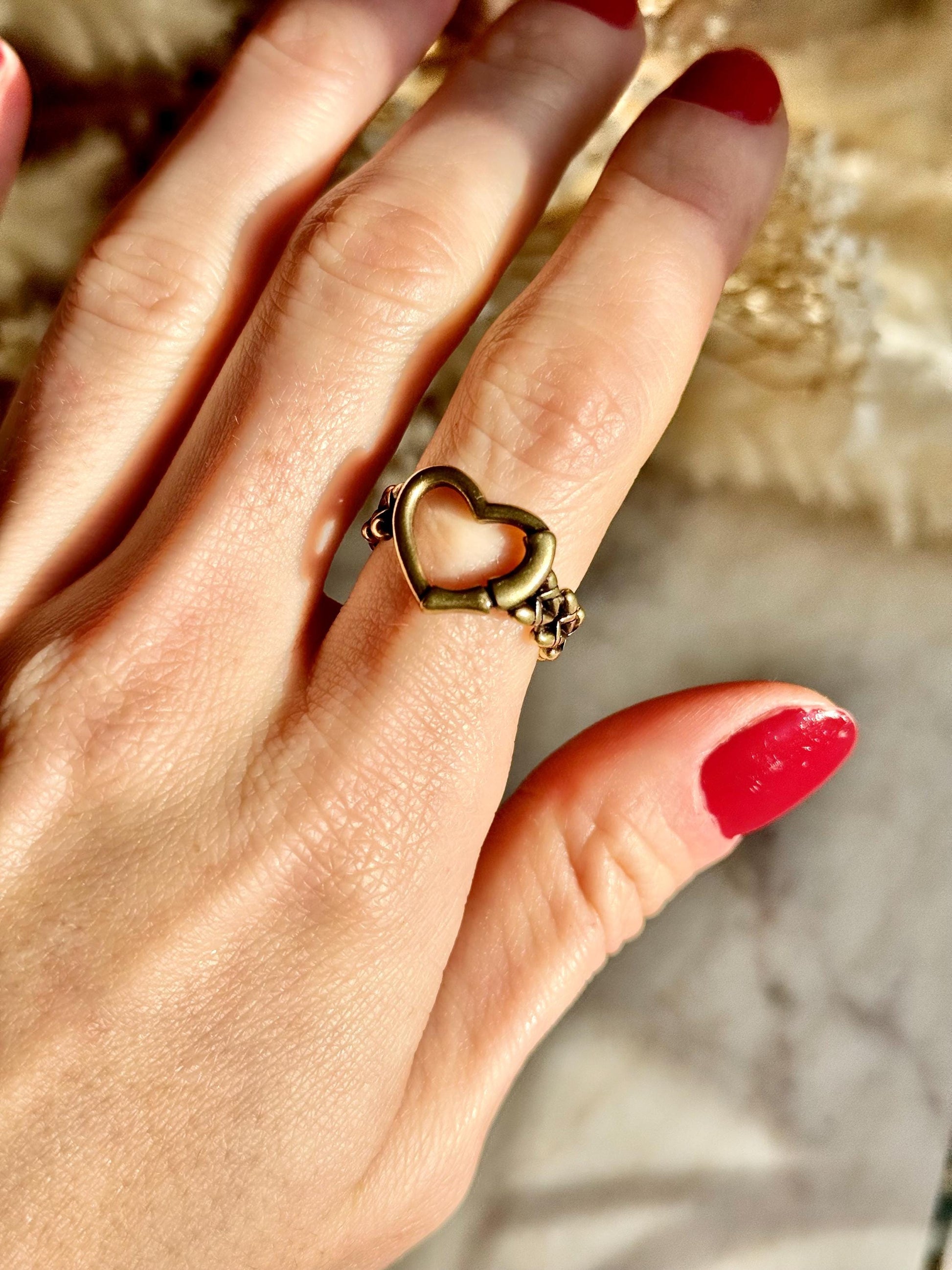 Adjustable Golden Solid Brass Heart Ring – Stunning and Versatile Jewelry Gift for Her, Fits Any Finger Size, Punk Ring, Streetwear Jewelery