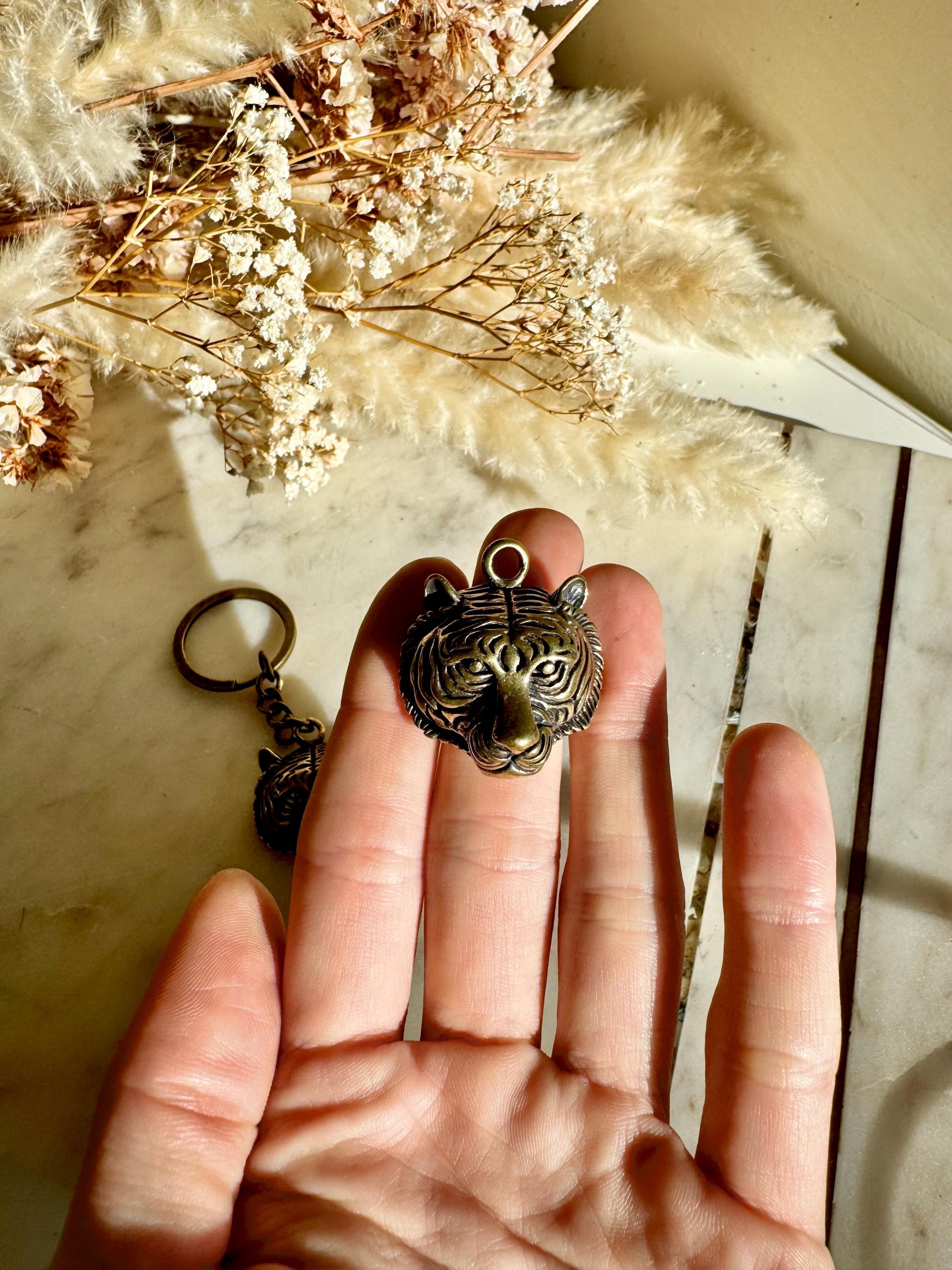 Japanese style Solid Brass Tiger Keyring, Tiger Head Pendant, Tiger Necklace, Tiger Lover Gift, Brave Courageous