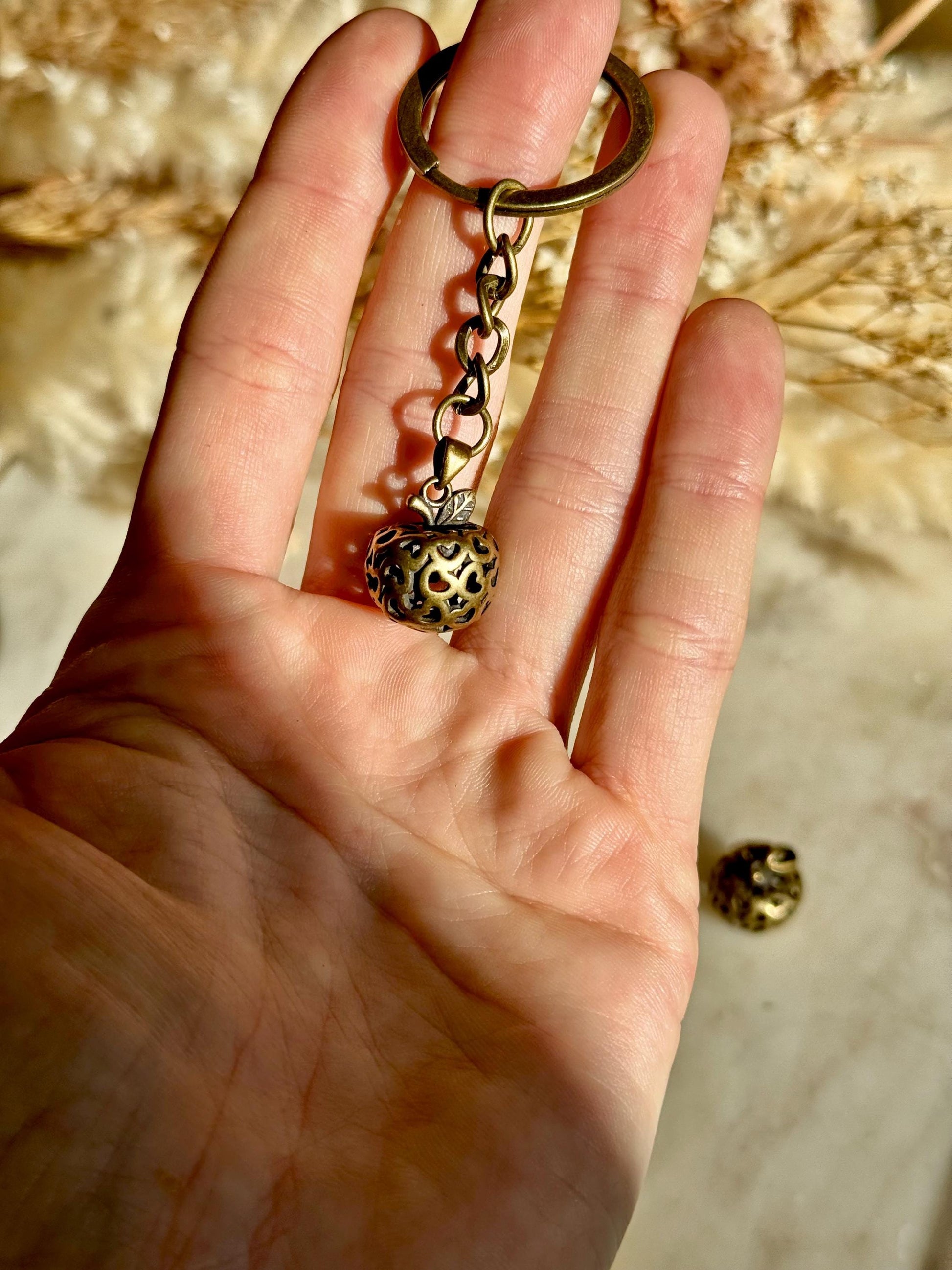 Cute Style Forbidden Fruit Apple Keyring, Solid brass Carved apple Charm, metal fruit pendant