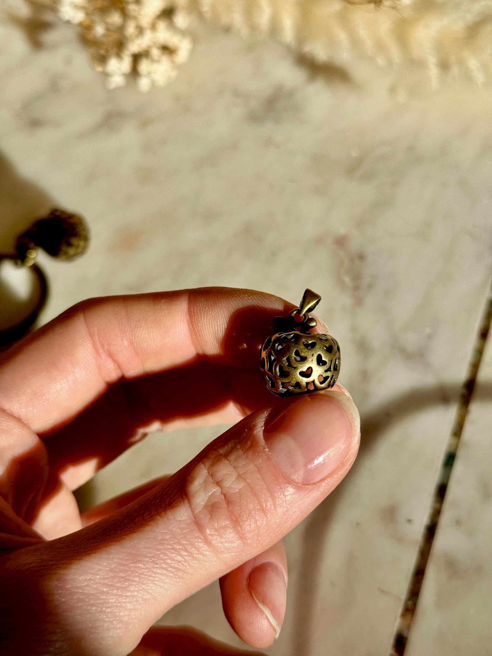 Cute Style Forbidden Fruit Apple Keyring, Solid brass Carved apple Charm, metal fruit pendant