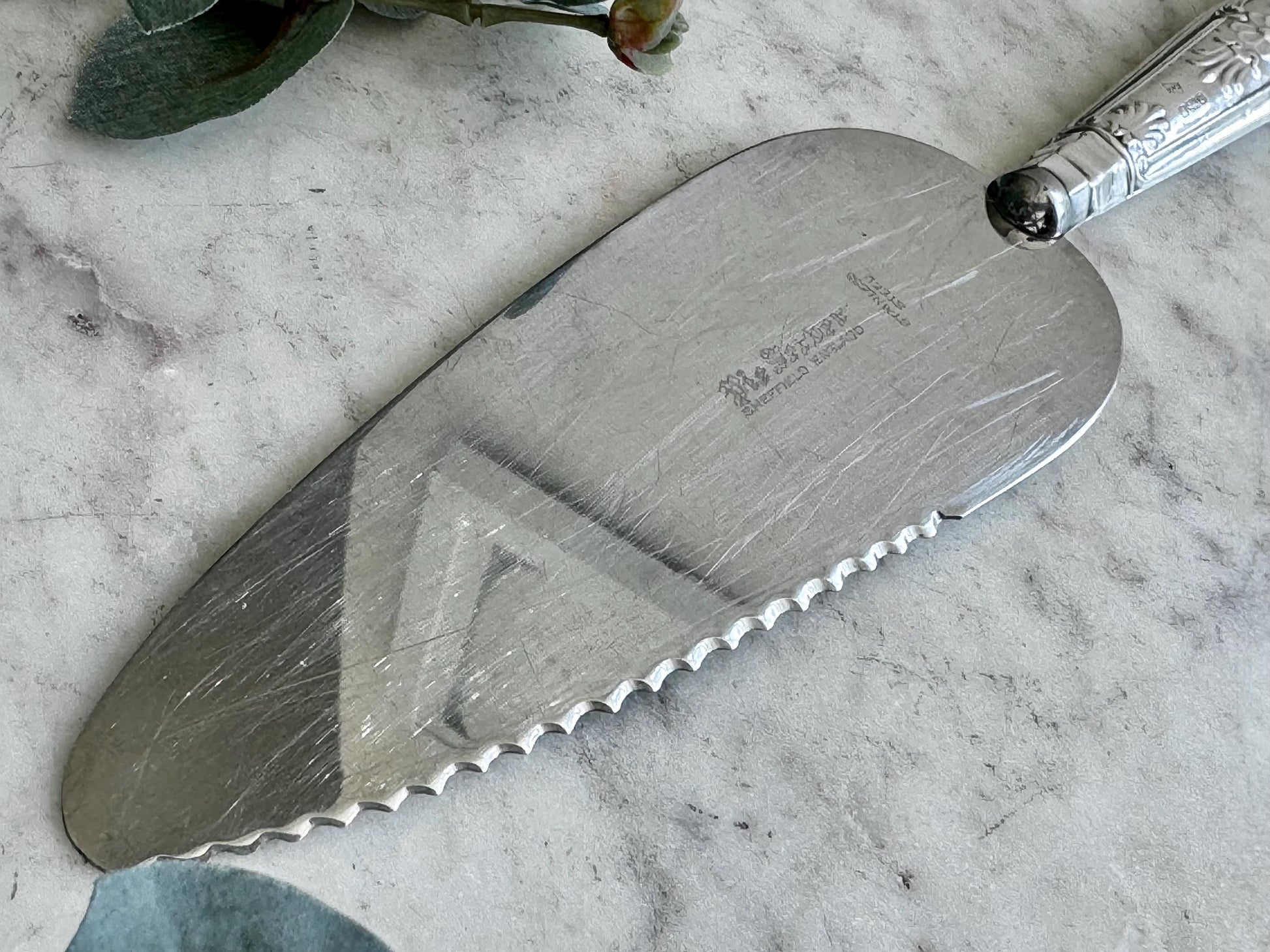 English Vintage Stainless Steel Weeding Knife, engraved pattern rectangular knife face carved handle cake cutter, Vintage Sheffield Knife