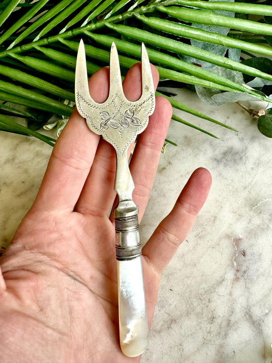 Antique Silver Plate Mother of Pearl Handle Bread Meat Serving Fork