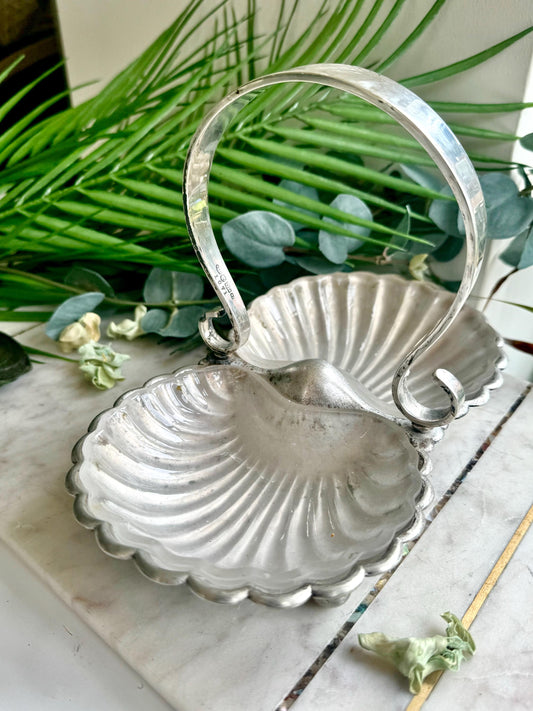 Antique Art Deco silver plate Butter shell Vintage Dish Clam Scallop Shell Bonbon Trinket Silver Plate Double Shell with a Handle