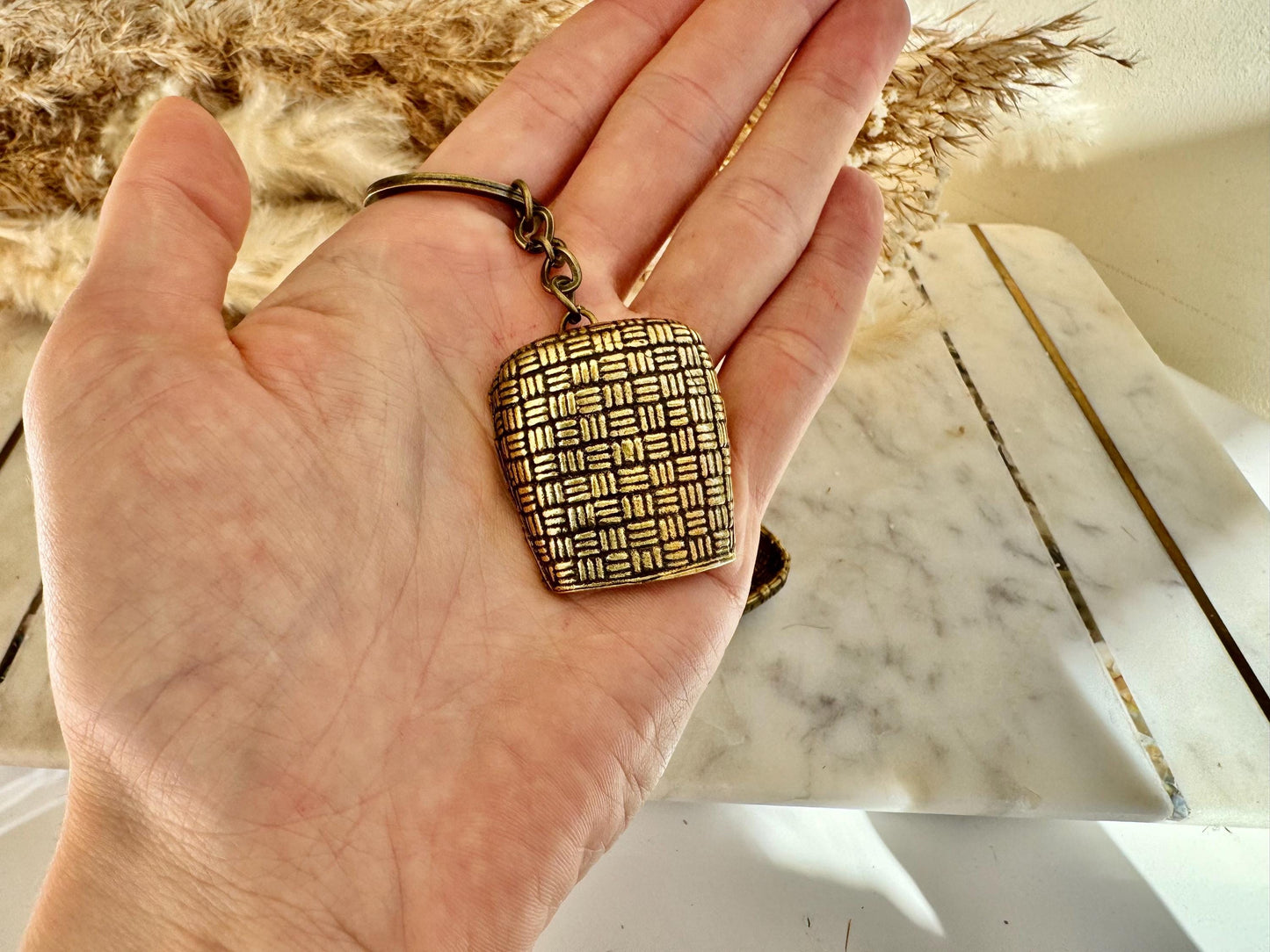 Fine Hungry Mouse, Solid Brass Basket with Rat and Corn Figurine, Cast Brass Animal Ornament, Unique Brass Keychain Accessory