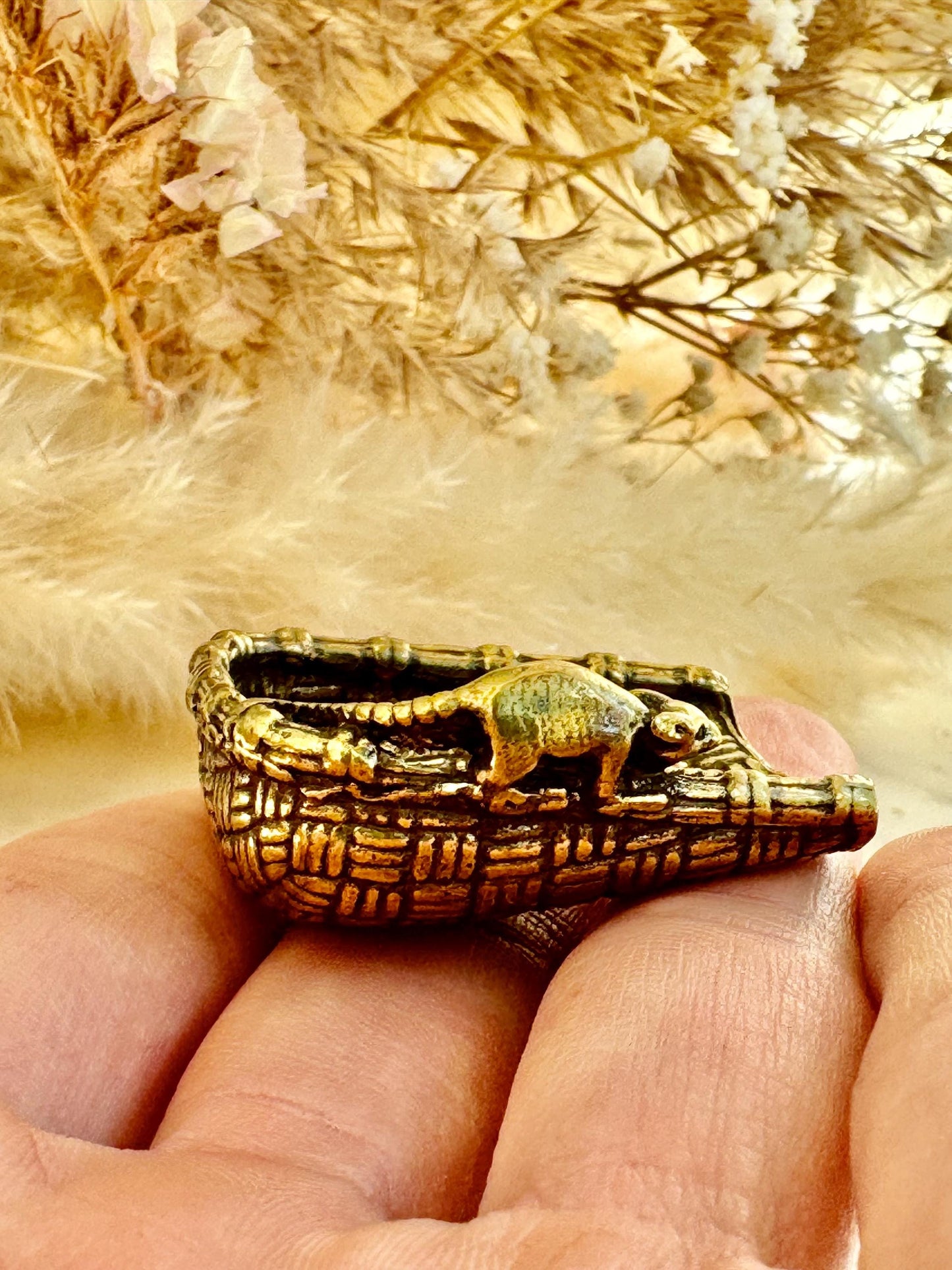 Fine Hungry Mouse, Solid Brass Basket with Rat and Corn Figurine, Cast Brass Animal Ornament, Unique Brass Keychain Accessory