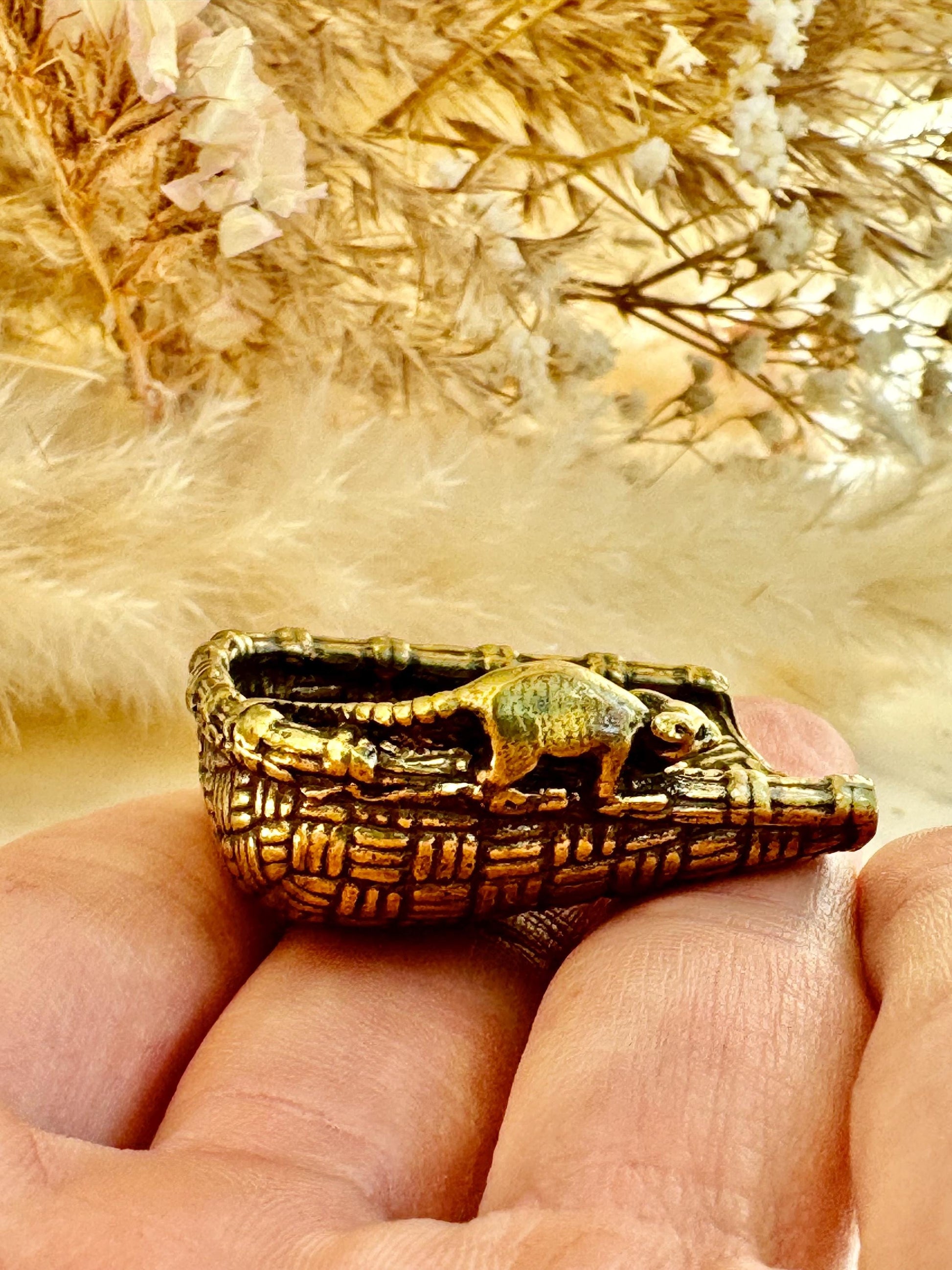 Fine Hungry Mouse, Solid Brass Basket with Rat and Corn Figurine, Cast Brass Animal Ornament, Unique Brass Keychain Accessory