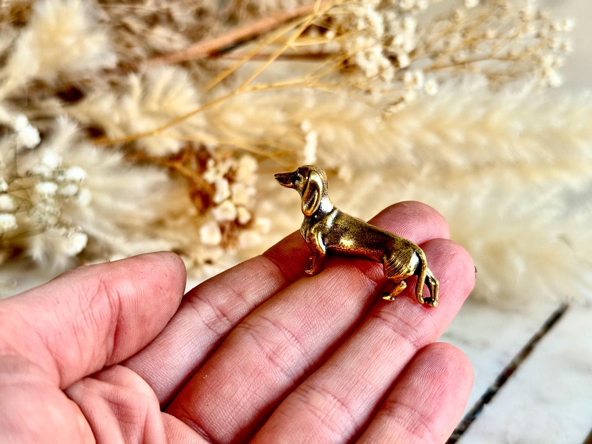 Lifelike solid brass dachshund figurine, beautiful German badger-dog statuette, metal sausage dog ornament, beautiful dog paperweight