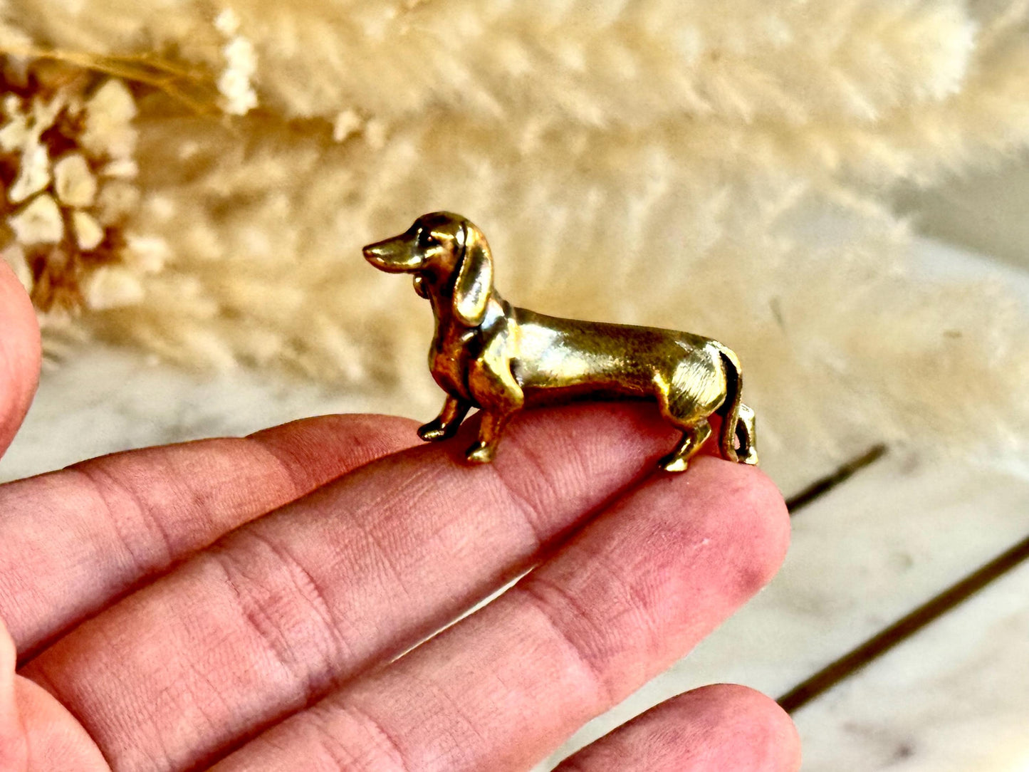 Lifelike solid brass dachshund figurine, beautiful German badger-dog statuette, metal sausage dog ornament, beautiful dog paperweight