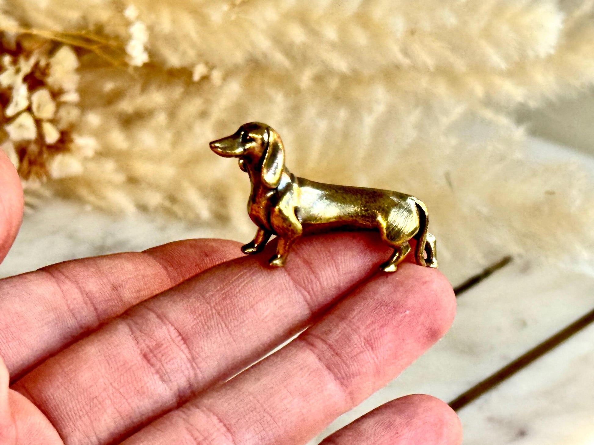 Lifelike solid brass dachshund figurine, beautiful German badger-dog statuette, metal sausage dog ornament, beautiful dog paperweight