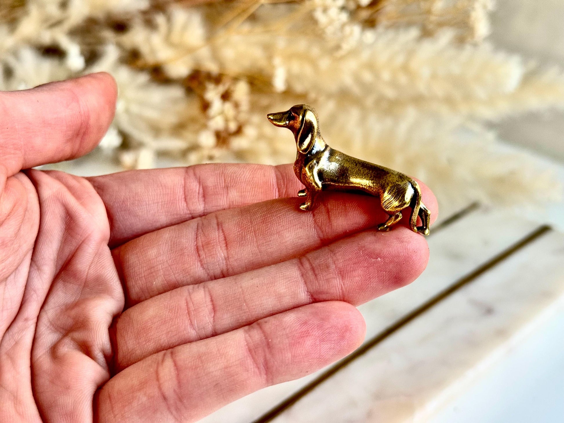 Lifelike solid brass dachshund figurine, beautiful German badger-dog statuette, metal sausage dog ornament, beautiful dog paperweight