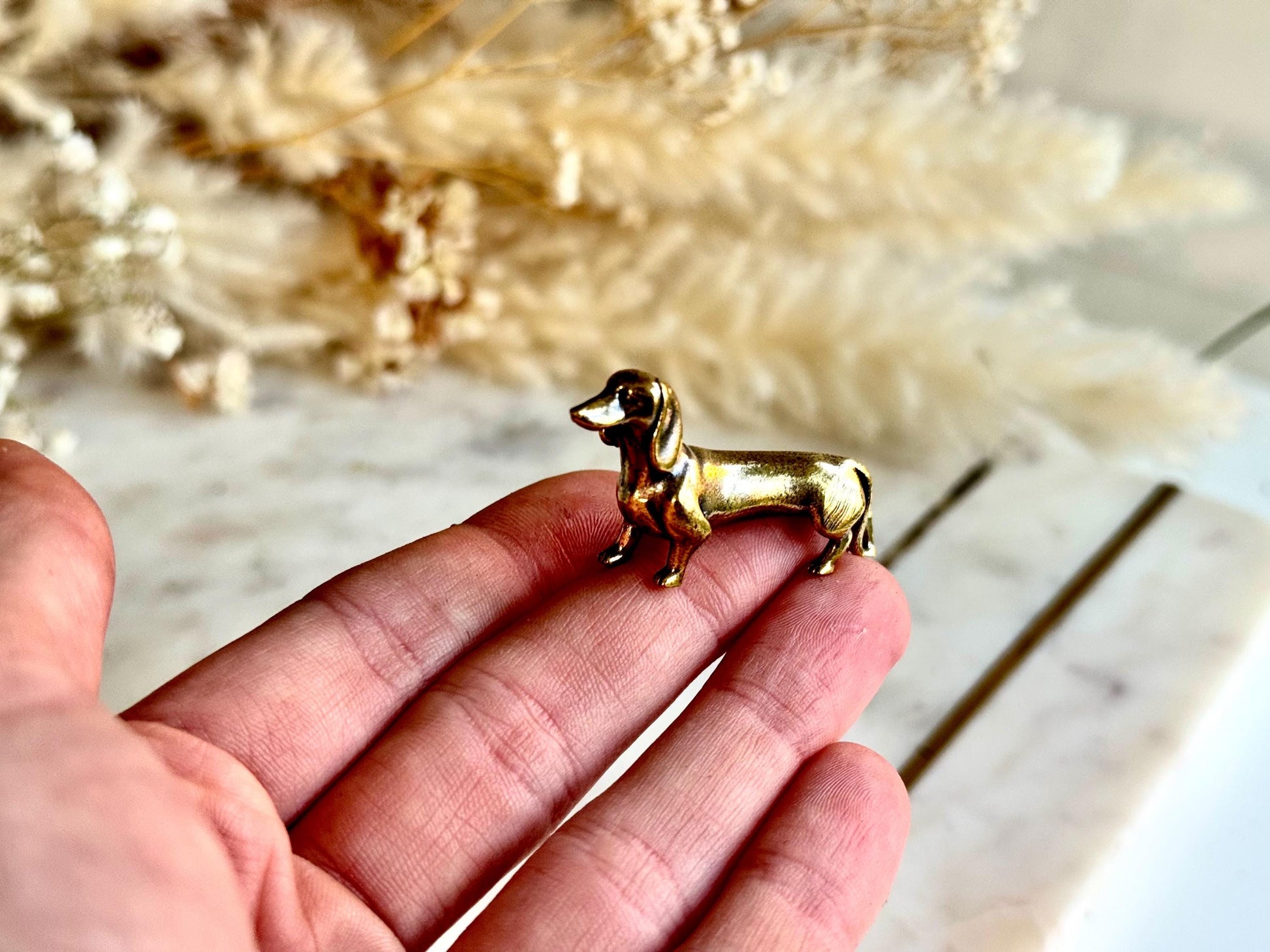 Lifelike solid brass dachshund figurine, beautiful German badger-dog statuette, metal sausage dog ornament, beautiful dog paperweight