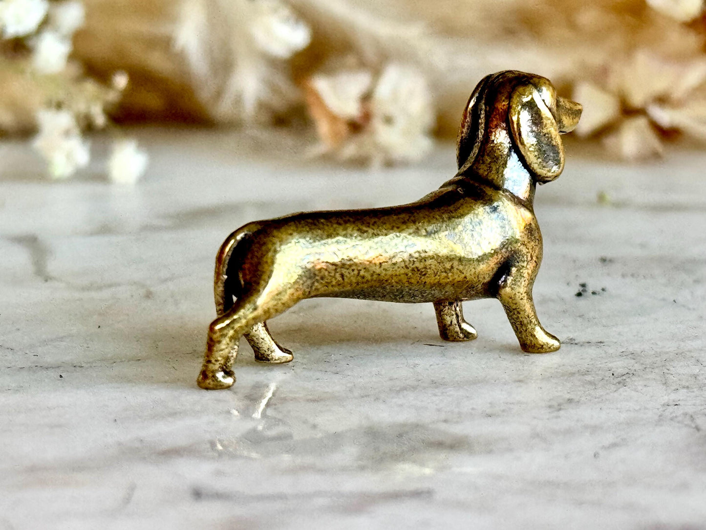 Lifelike solid brass dachshund figurine, beautiful German badger-dog statuette, metal sausage dog ornament, beautiful dog paperweight