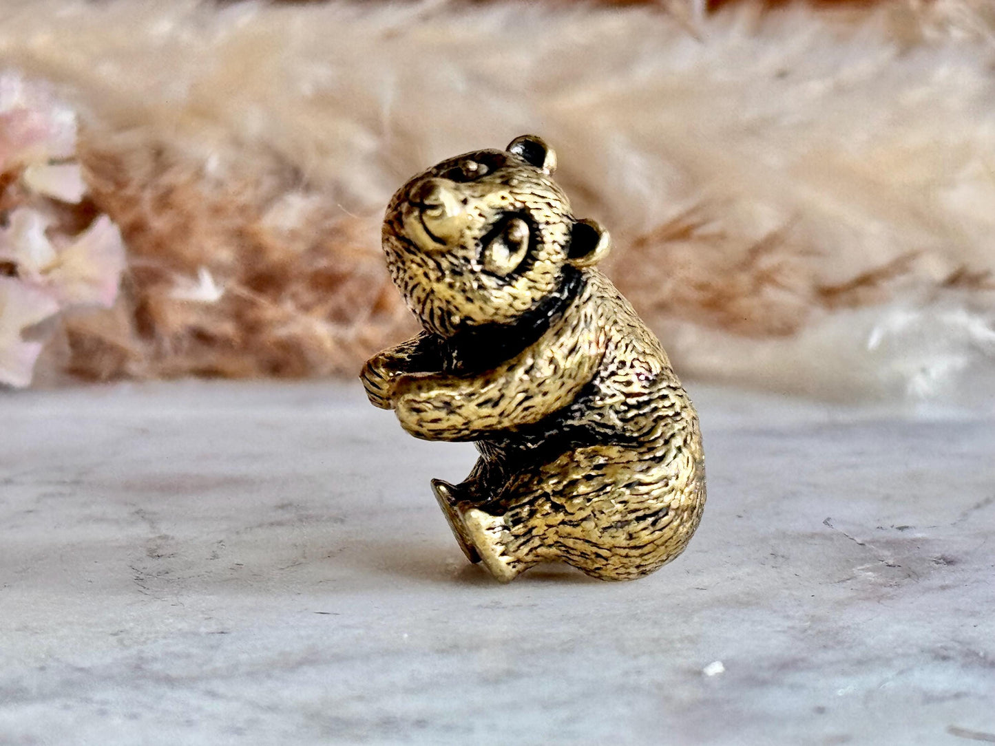 Endearing Baby Panda With a Bamboo Basket figurine, Solid brass adorable panda miniature, Panda with Bamboo sculpture, panda paperweight