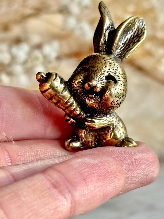 Solid Brass Happy Bunny Figurine, Lifelike Rabbit Sculpture, Cute Bunny Ornament, Collectible Rabbit with Basket, cute Animal Gift
