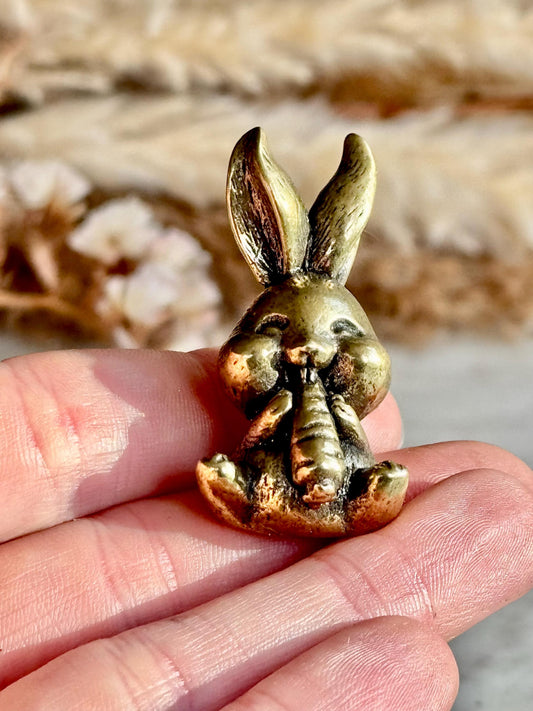 Solid Brass Happy Bunny Figurine, Lifelike Rabbit Sculpture, Cute Bunny Ornament, Collectible Rabbit with Basket, cute Animal Gift