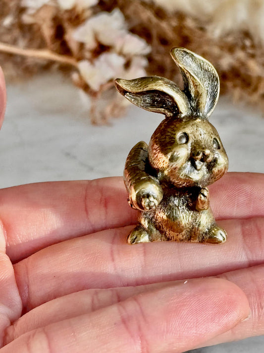 Solid Brass Happy Bunny Figurine, Lifelike Rabbit Sculpture, Cute Bunny Ornament, Collectible Rabbit with Basket, adorable Animal Gift
