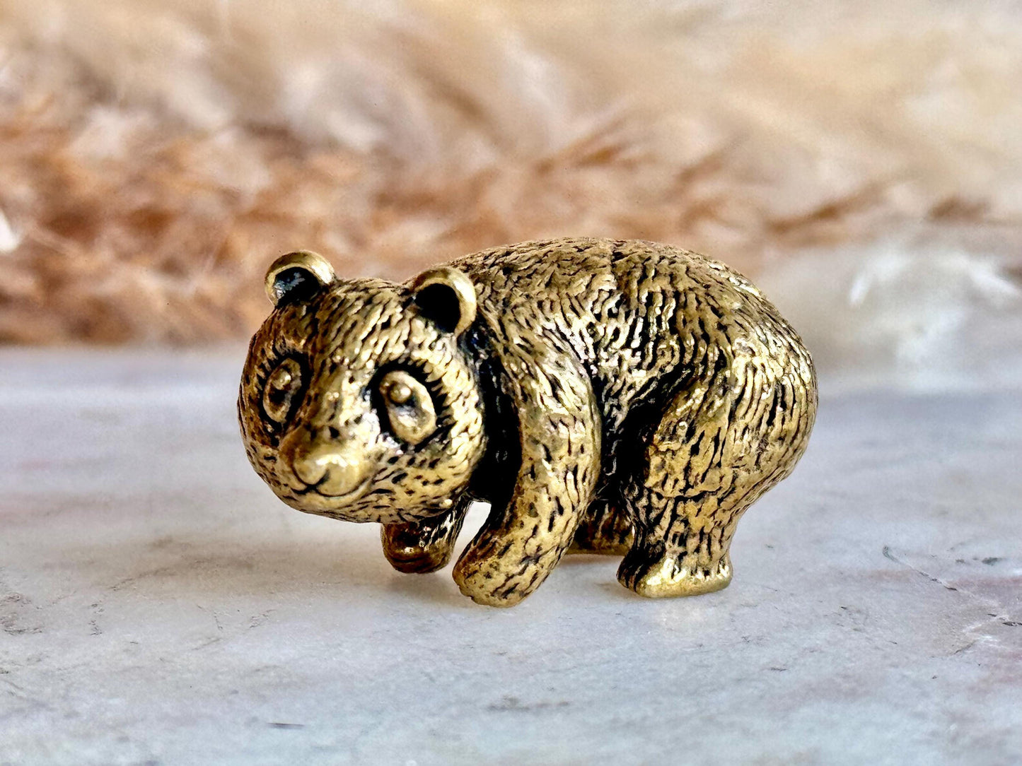Endearing Baby Panda With a Bamboo Basket figurine, Solid brass adorable panda miniature, Panda with Bamboo sculpture, panda paperweight
