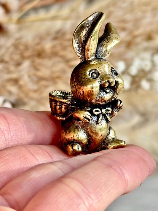 Solid Brass Happy Bunny Figurine, Lifelike Rabbit Sculpture, Cute Bunny Ornament, Collectible Rabbit with Basket, funny Animal Gift