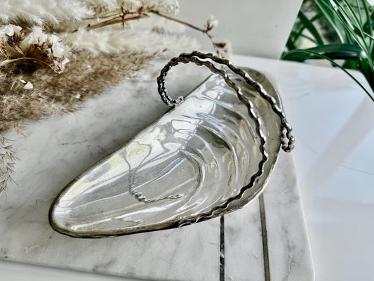 Antique English Silver Plate and Frosted Glass Oyster Shell Pickle Dish, Shell Butter Dish with a Butter Knife