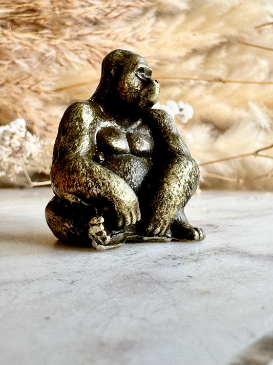 Smart gorilla statue, solid brass casting, fine workmanship, ape figurine, desktop decor, funny monkey miniature, creative paperweight gift