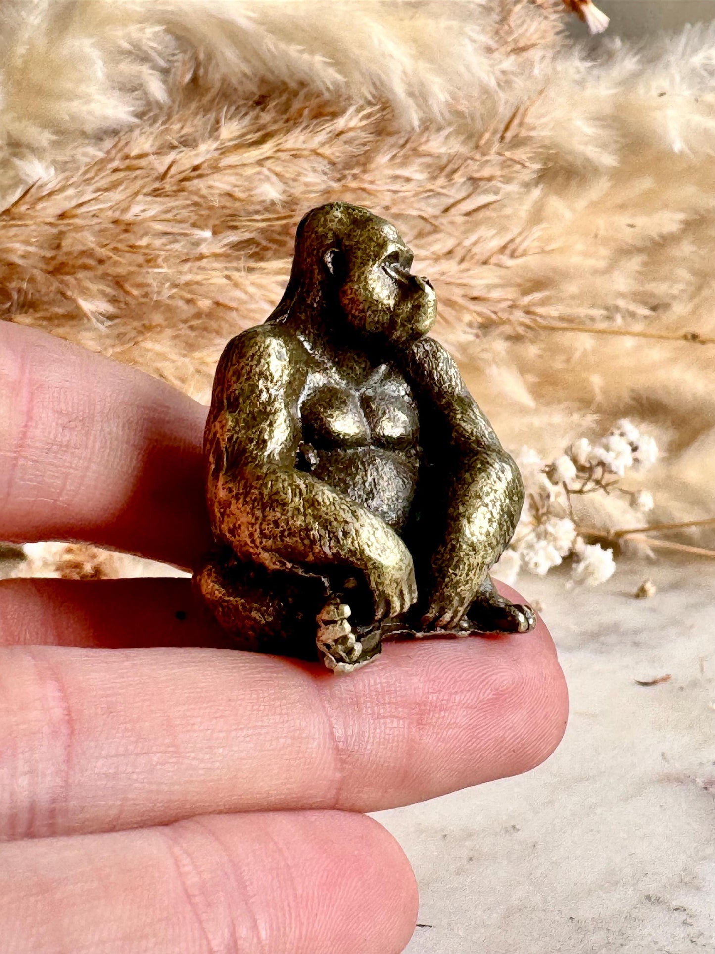 Smart gorilla statue, solid brass casting, fine workmanship, ape figurine, desktop decor, funny monkey miniature, creative paperweight gift