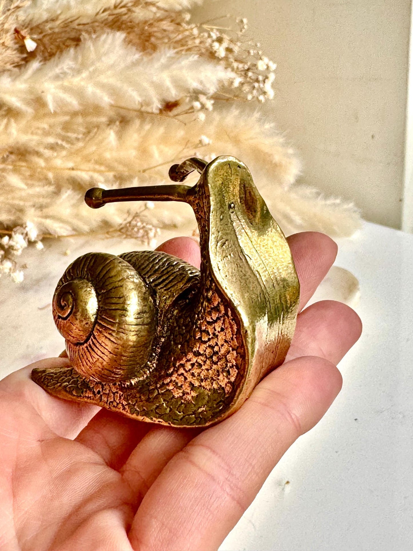 Lifelike solid brass snail figurine, detailed garden mollusk sculpture, vintage nature-inspired ornament, unique brass gastropod paperweight