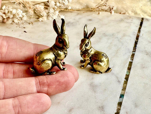 Japanese style brass miniature of rabbits, lifelike bunny workmanship, bunny ornament, Solid Brass good luck symbol figurine, cute gift