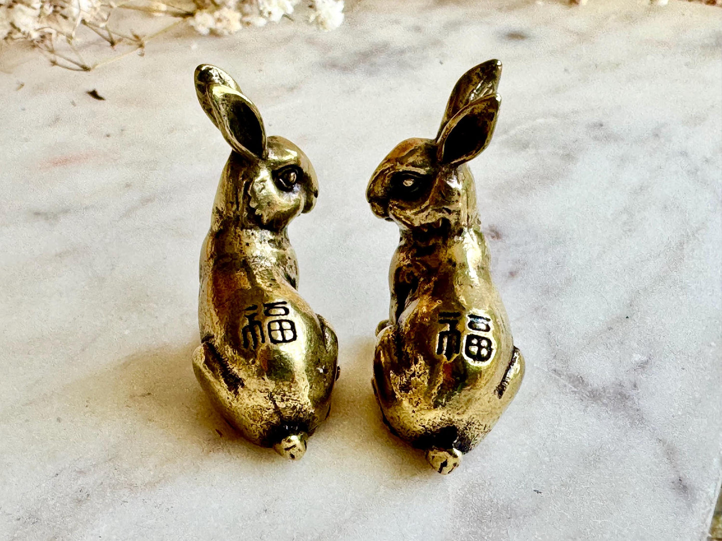 Japanese style brass miniature of rabbits, lifelike bunny workmanship, bunny ornament, Solid Brass good luck symbol figurine, cute gift