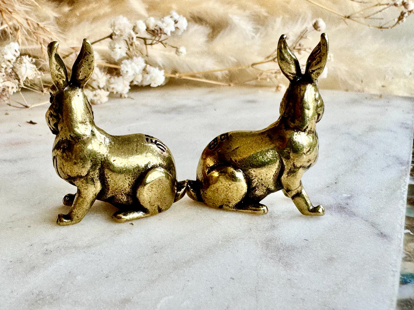 Japanese style brass miniature of rabbits, lifelike bunny workmanship, bunny ornament, Solid Brass good luck symbol figurine, cute gift