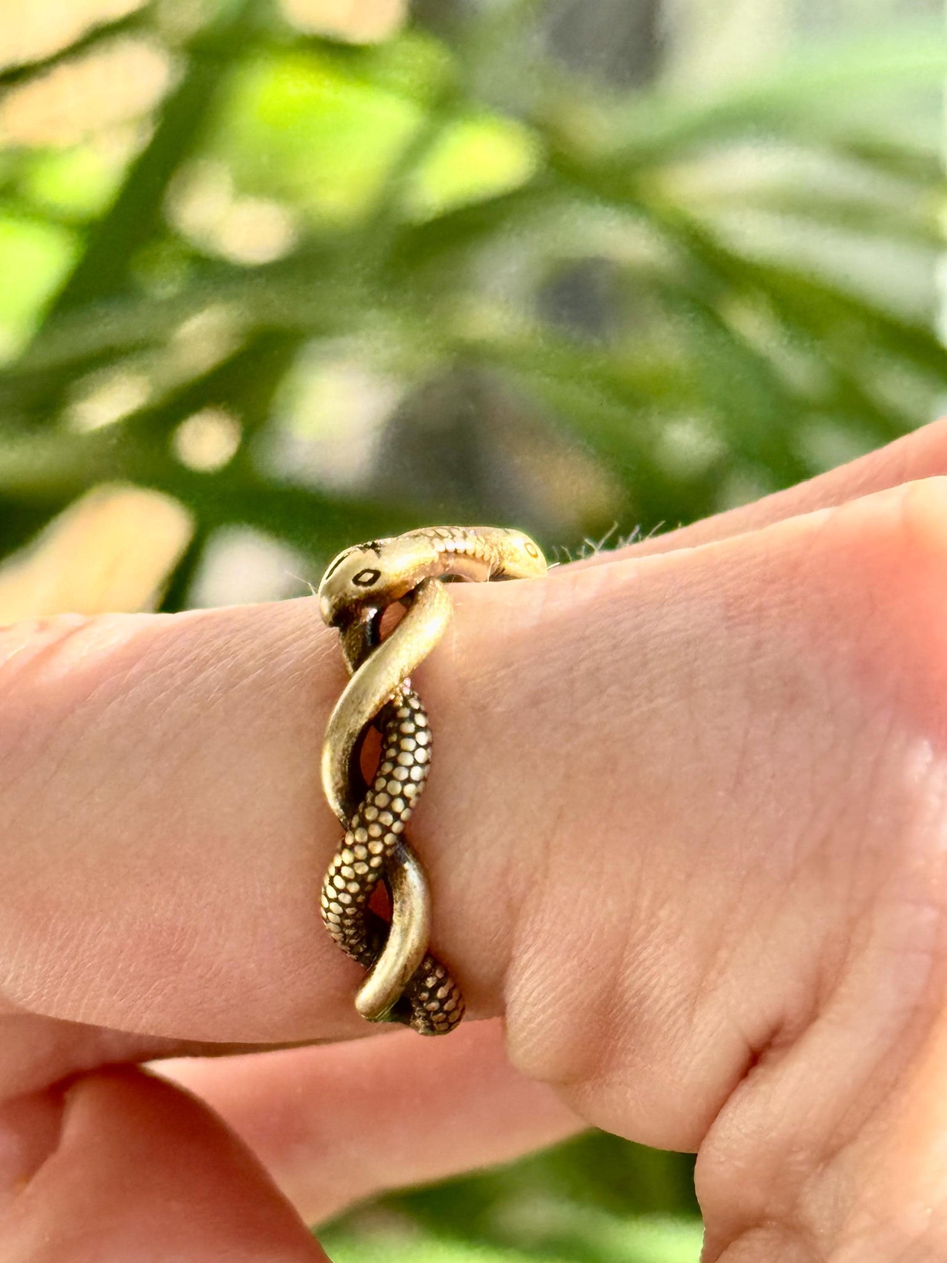 Solid brass twin snake ring, adjustable serpent wrap ring, ouroboros reptile jewelry, mystical brass snake band