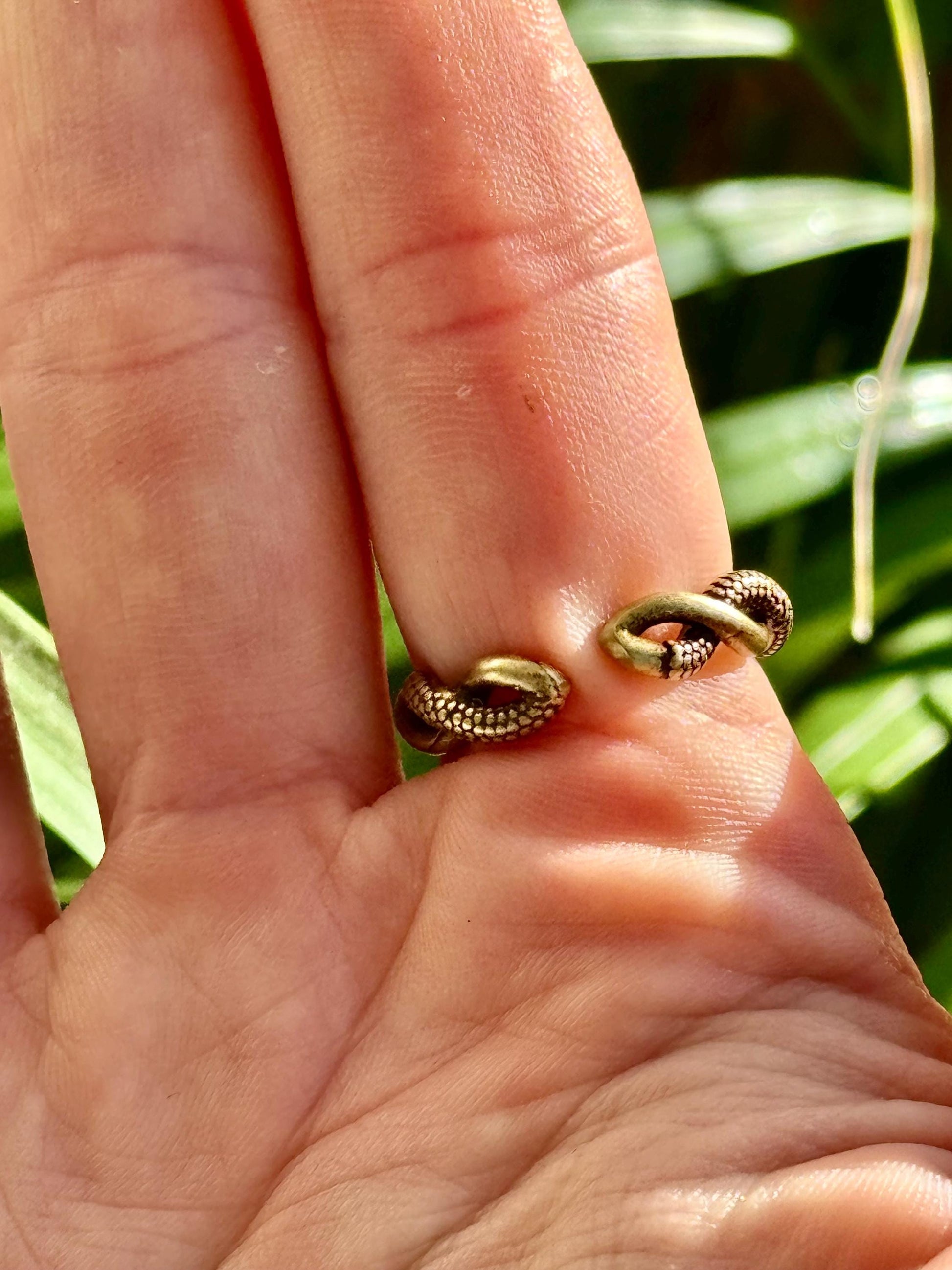 Solid brass twin snake ring, adjustable serpent wrap ring, ouroboros reptile jewelry, mystical brass snake band