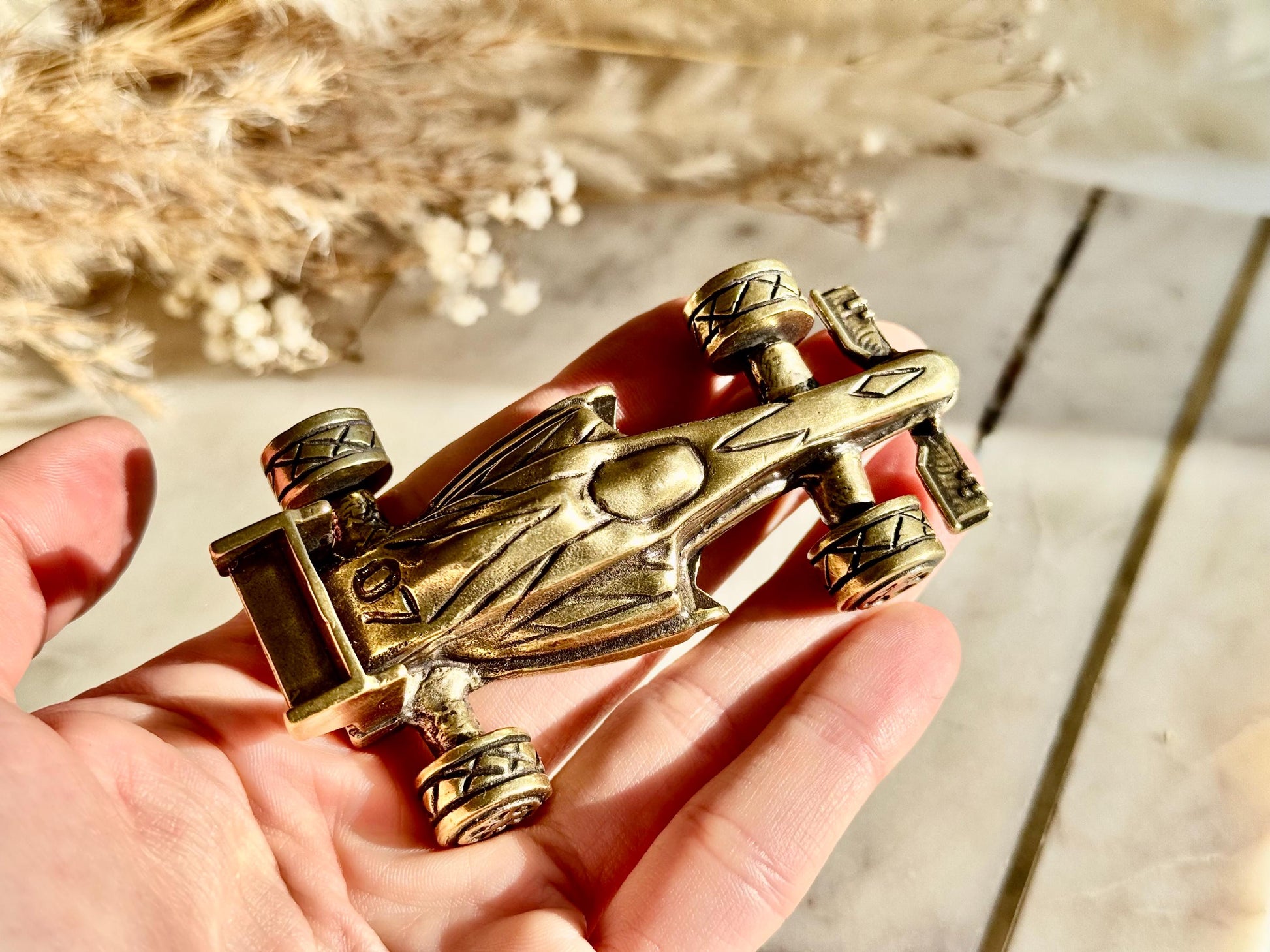 Solid brass Formula 1 race car, F1 collectible, rolling wheels metal statue, detailed brass racing car, unique motorsport decor