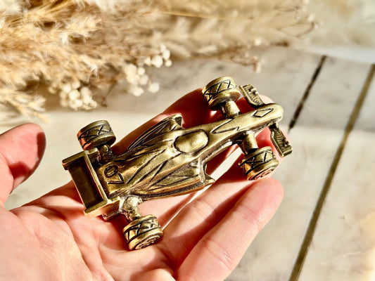 Solid brass Formula 1 race car, F1 collectible, rolling wheels metal statue, detailed brass racing car, unique motorsport decor