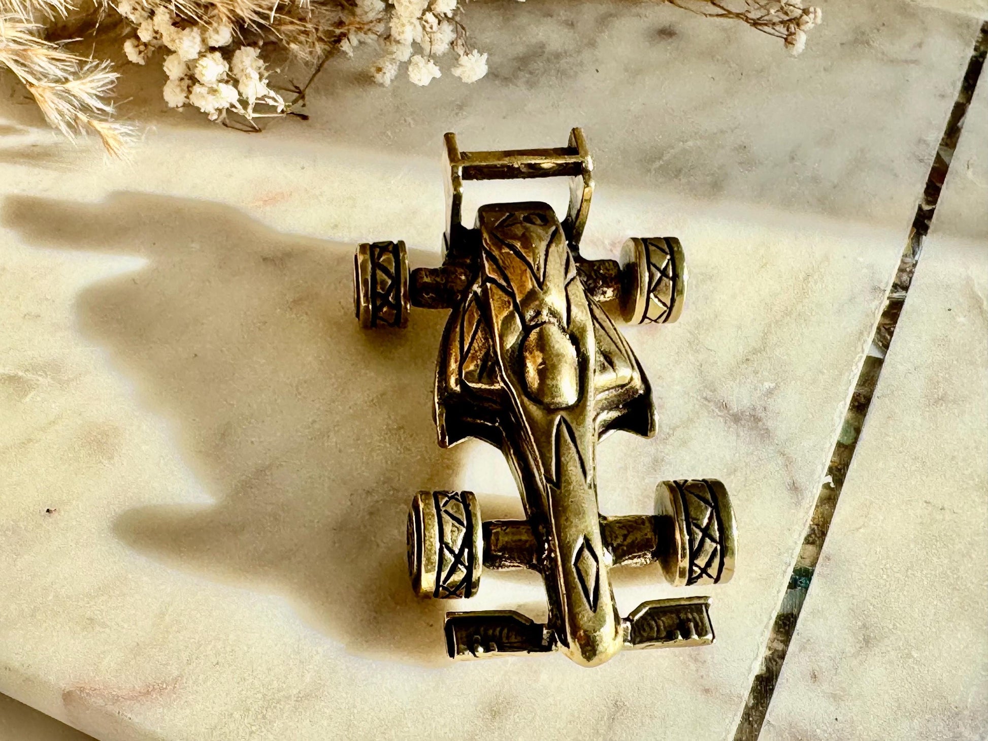 Solid brass Formula 1 race car, F1 collectible, rolling wheels metal statue, detailed brass racing car, unique motorsport decor