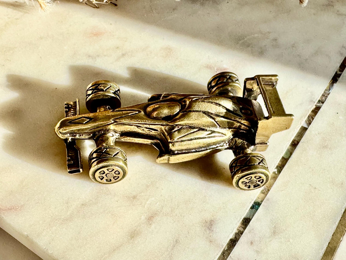 Solid brass Formula 1 race car, F1 collectible, rolling wheels metal statue, detailed brass racing car, unique motorsport decor